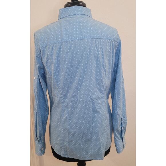 LL Bean Style Women’s Blue Polka Dot Shirt L Roll Tab Sleeves GUC - Picture 2 of 9
